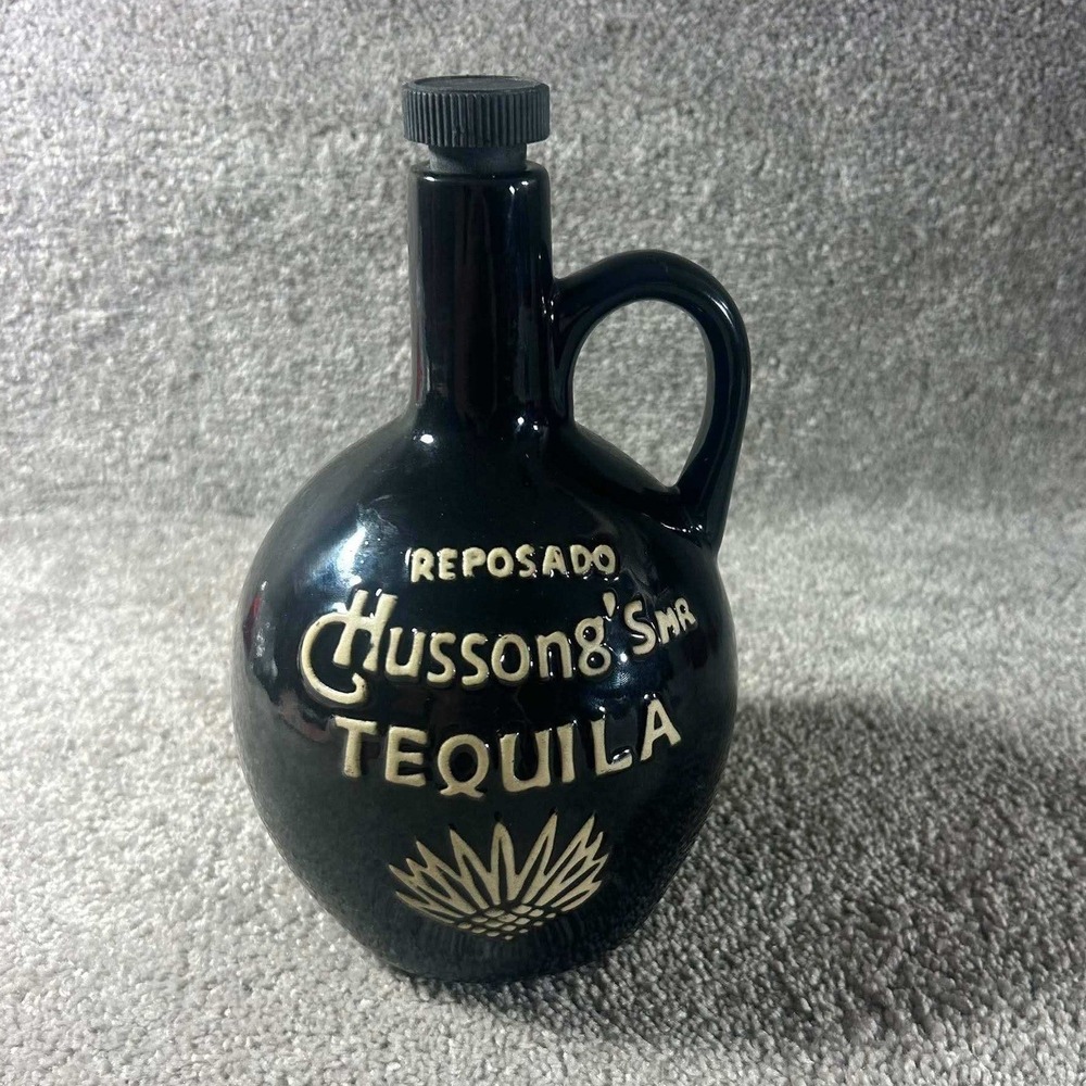 Hussong's Reposado Tequila Jug Black Ceramic Collectible Decanter Bottle